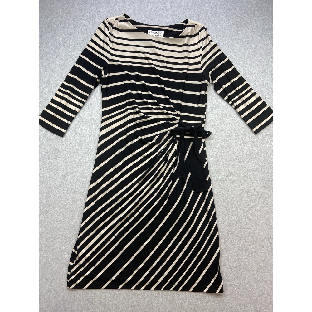 NorthStyle Dress Womens 8P Black Beige Striped 3/4 Sleeve Faux Wrap Tie Waist Kn
